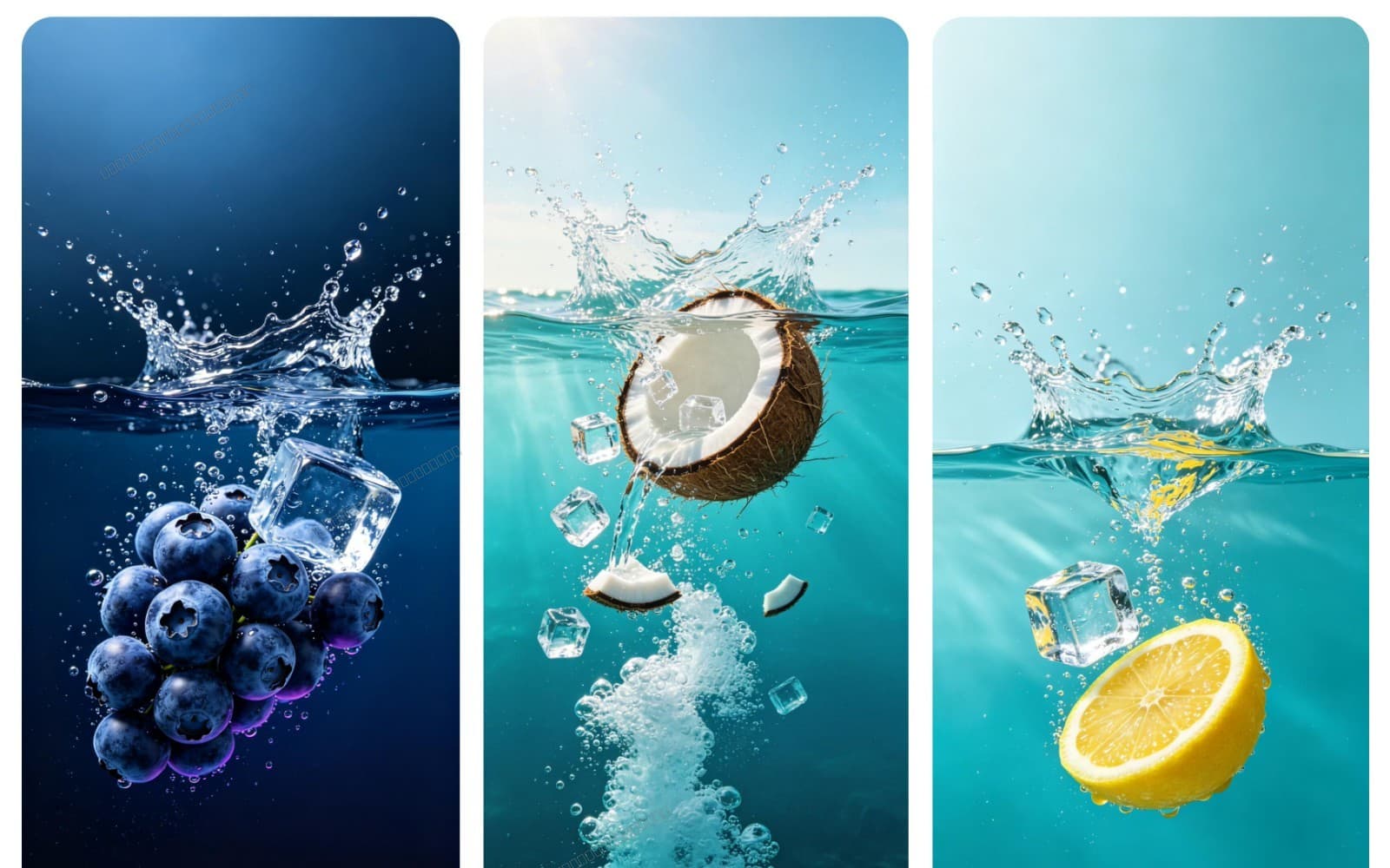 Fresh fruits splashing in water with ice cubes mobile wallpaper 4k – Full Bundle