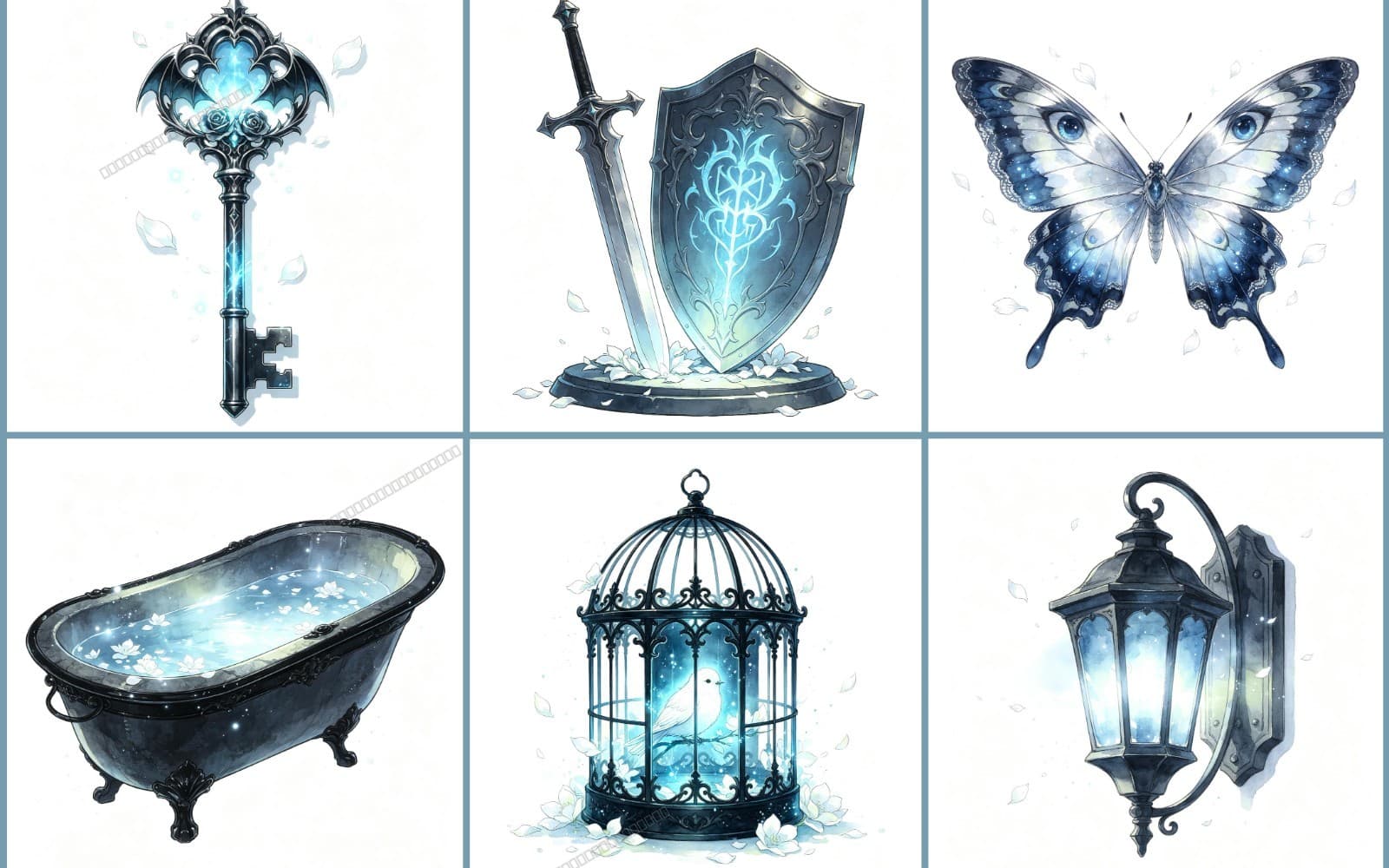 Dark fantasy watercolor clipart blue – Full Bundle