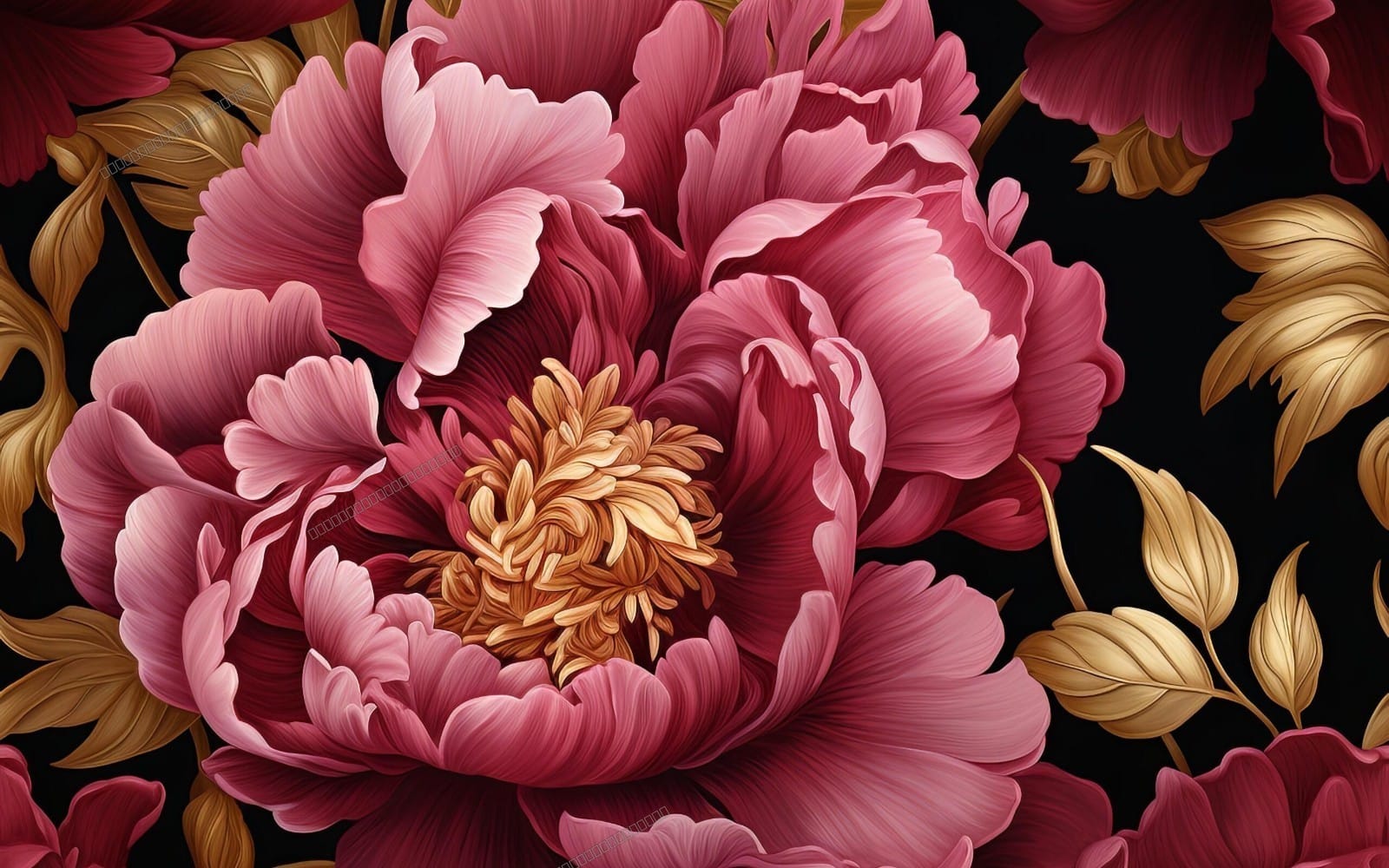 Seamless JPG bundle pattern of pink spring peonies with golden leaves on a dark background