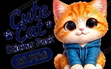 Cute orange kitten sticker pack banner with 20 PNG sticker designs and the kitten wearing a blue hoodie