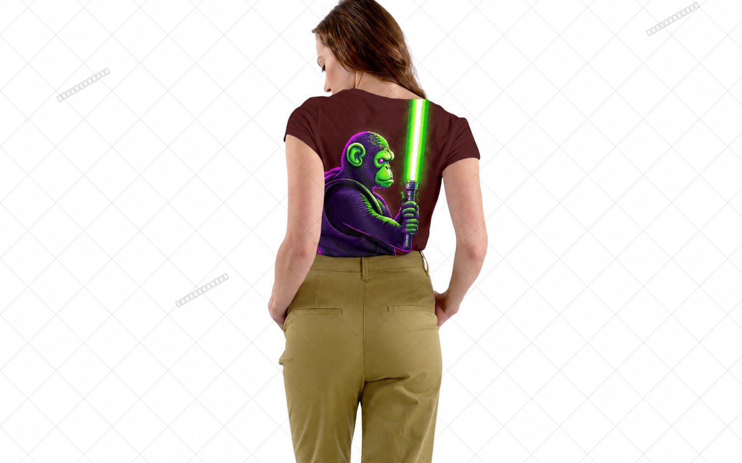 Cyberpunk retro pixel art gorilla warrior holding a neon sword t-shirt graphic on a model from behind