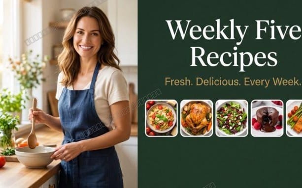 Weekly Five Recipes cookbook cover featuring a smiling woman in a kitchen and a row of plated dishes