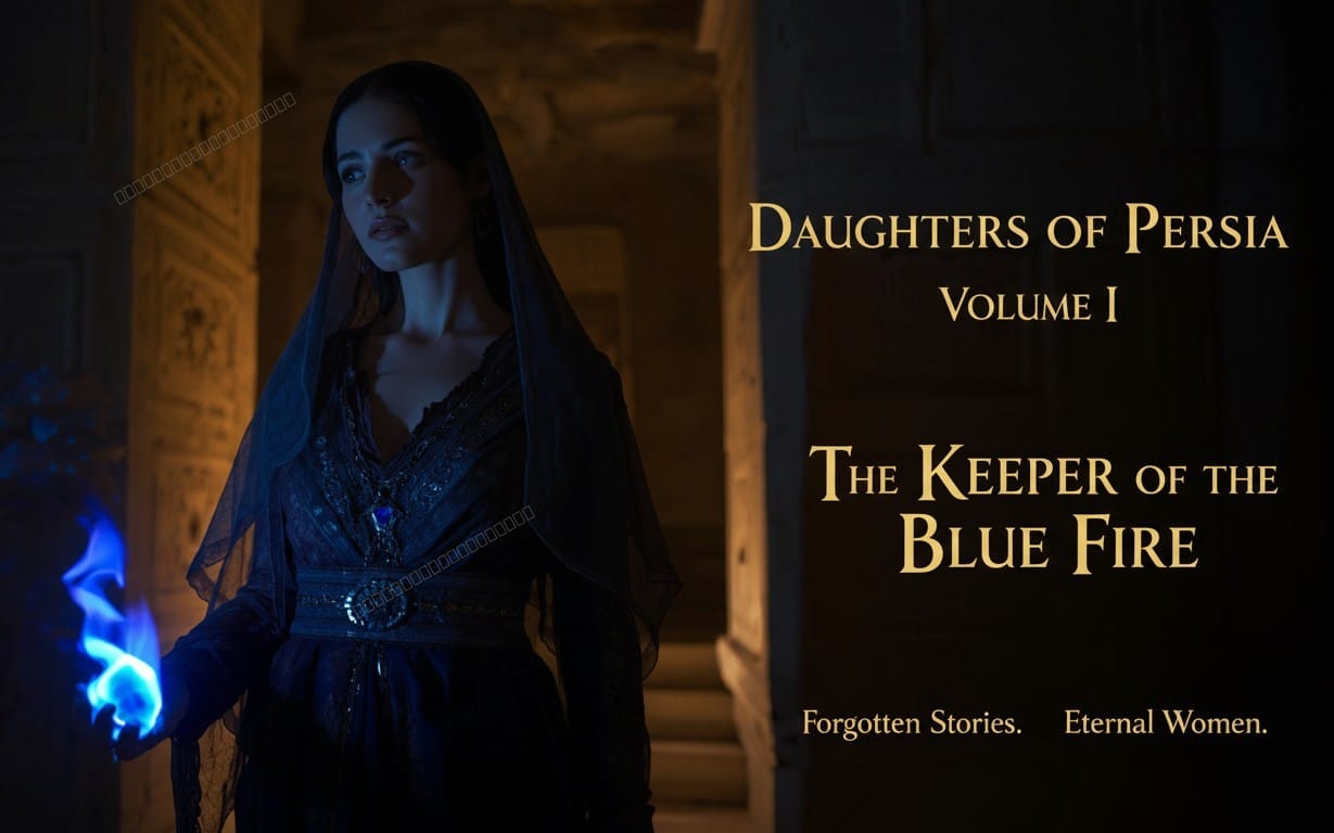 Daughters of Persia Volume I book cover with a cloaked woman holding blue fire, title text on dark background