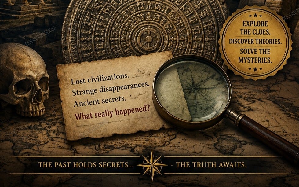 Mysterious historical puzzle thumbnail with skull, ancient map, magnifying glass, and compass over an artifact backdrop