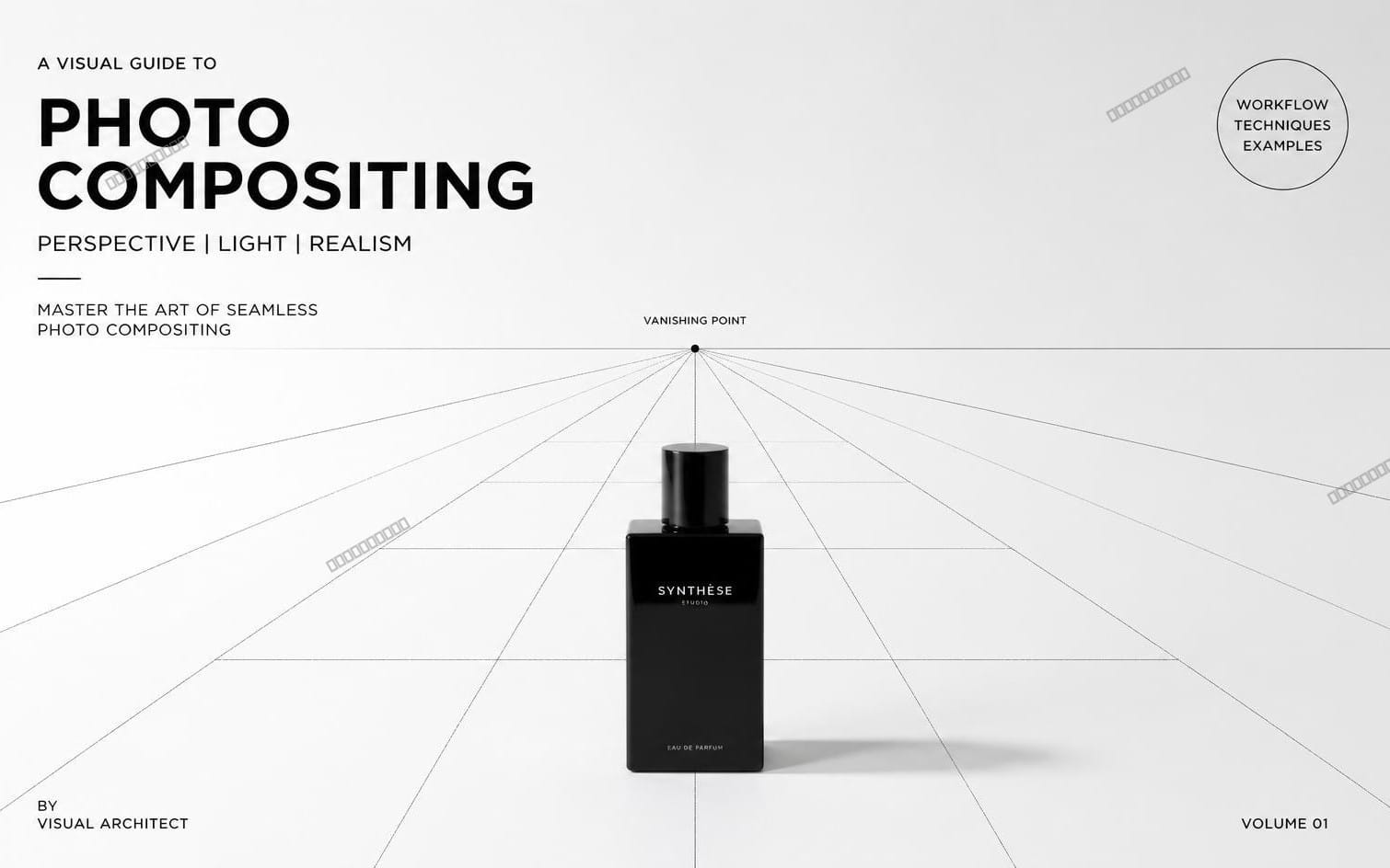 Minimalist Photoshop tutorial cover showing a black perfume bottle with perspective vanishing lines