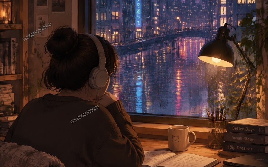 Cozy lofi rainy city night digital wallpaper showing a person with headphones by a window, coffee, books, and rainlights