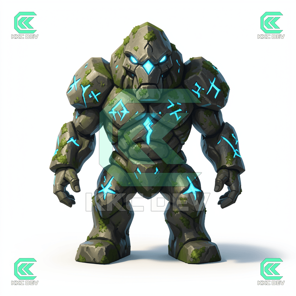 Runic Stone Golem - stylized game-ready 3D character, front view