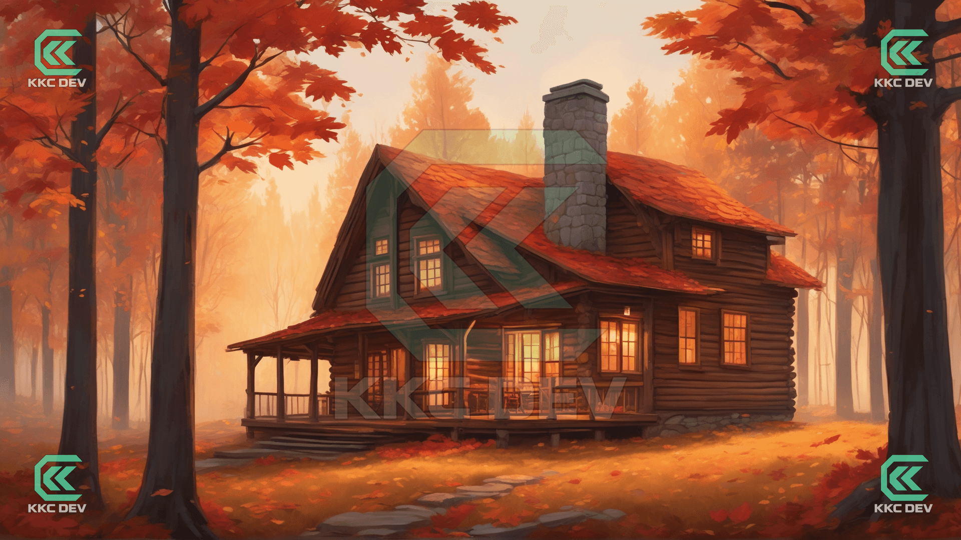 Cozy Autumn Cottagecore illustration - cozy cabin in autumn forest (watermarked preview)