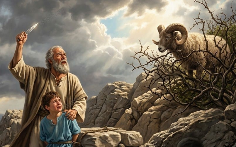Illustration cover art for Abraham The Test of Faith showing an elderly man raising his hand beside a young boy and a