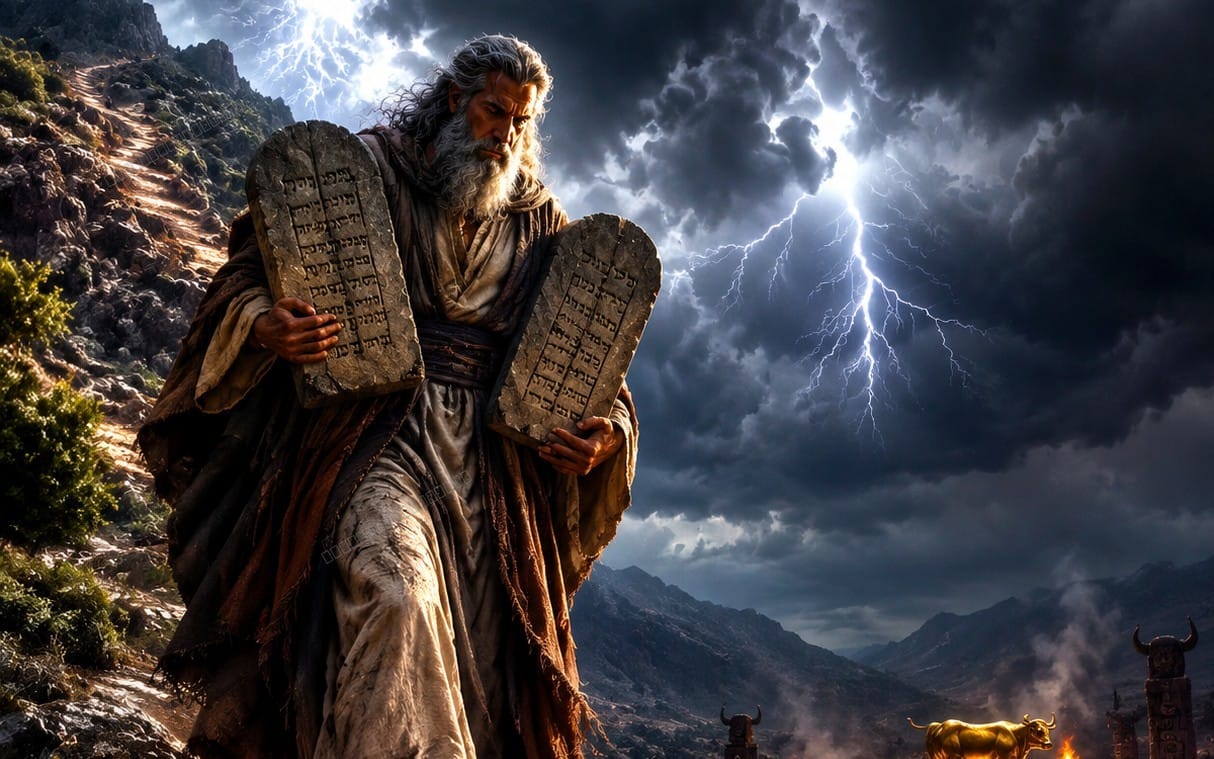 Moses holding stone tablets with Hebrew Ten Commandments, standing in stormy desert mountains, dramatic fantasy artwork