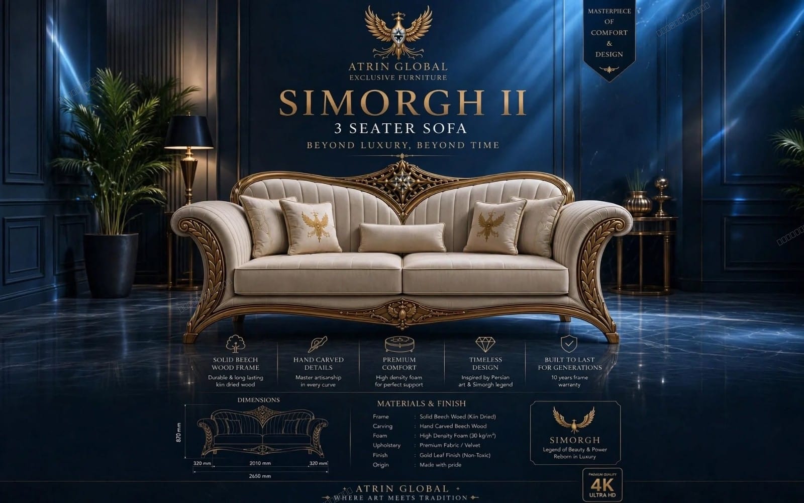 Luxury three-seat sofa with ornate gold frame and cushions in a staged showroom advertisement for SIMORGH II