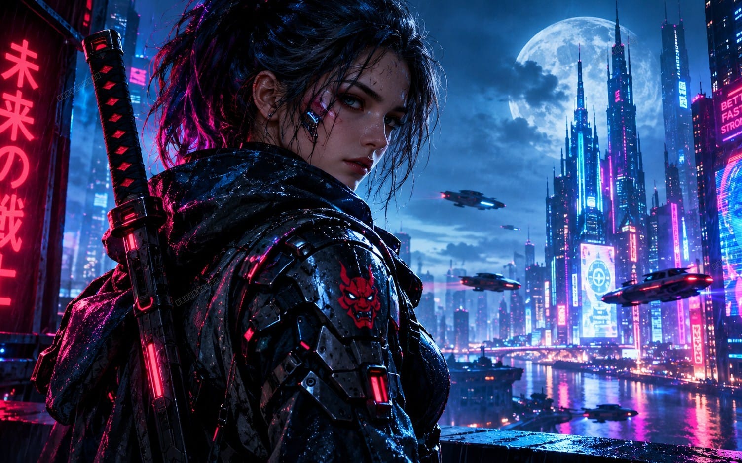 Cyberpunk warrior woman portrait in neon city skyline with moon, sci-fi aircraft, and AI digital art style