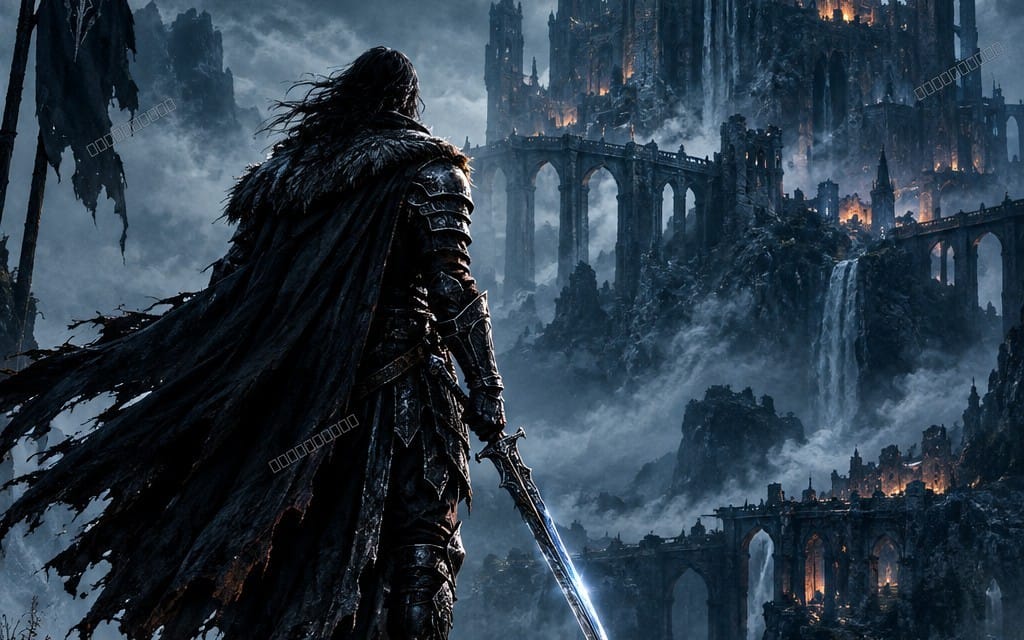 Dark fantasy AI art of a lone armored warrior with sword, overlooking a stormy gothic castle city at night