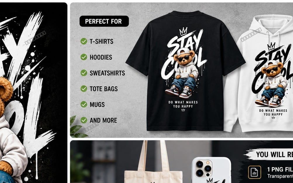 Stay Cool Bear – Streetwear T-Shirt PNG Design