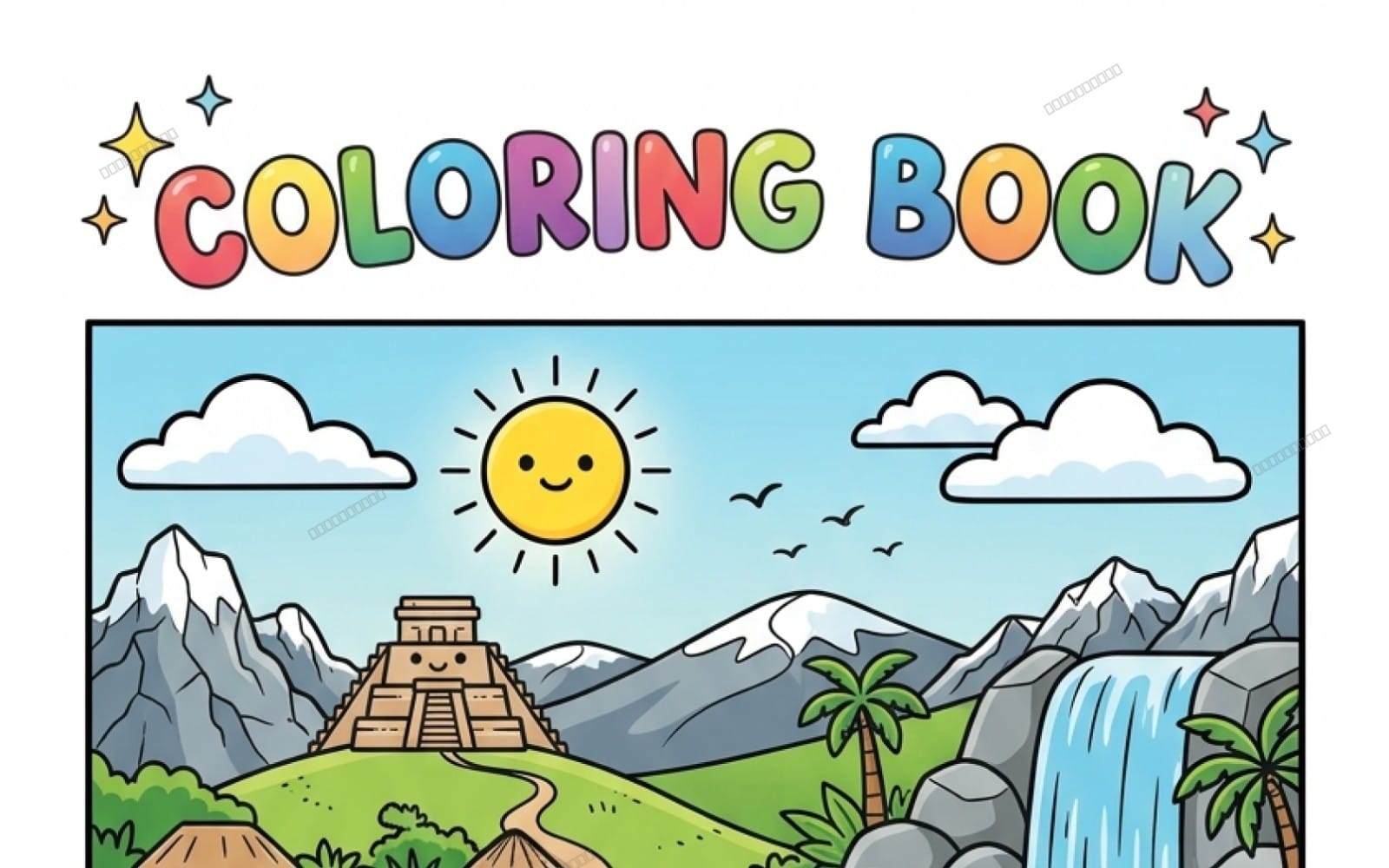 Kids coloring book cover with colorful word art and a sunny jungle waterfall landscape illustration