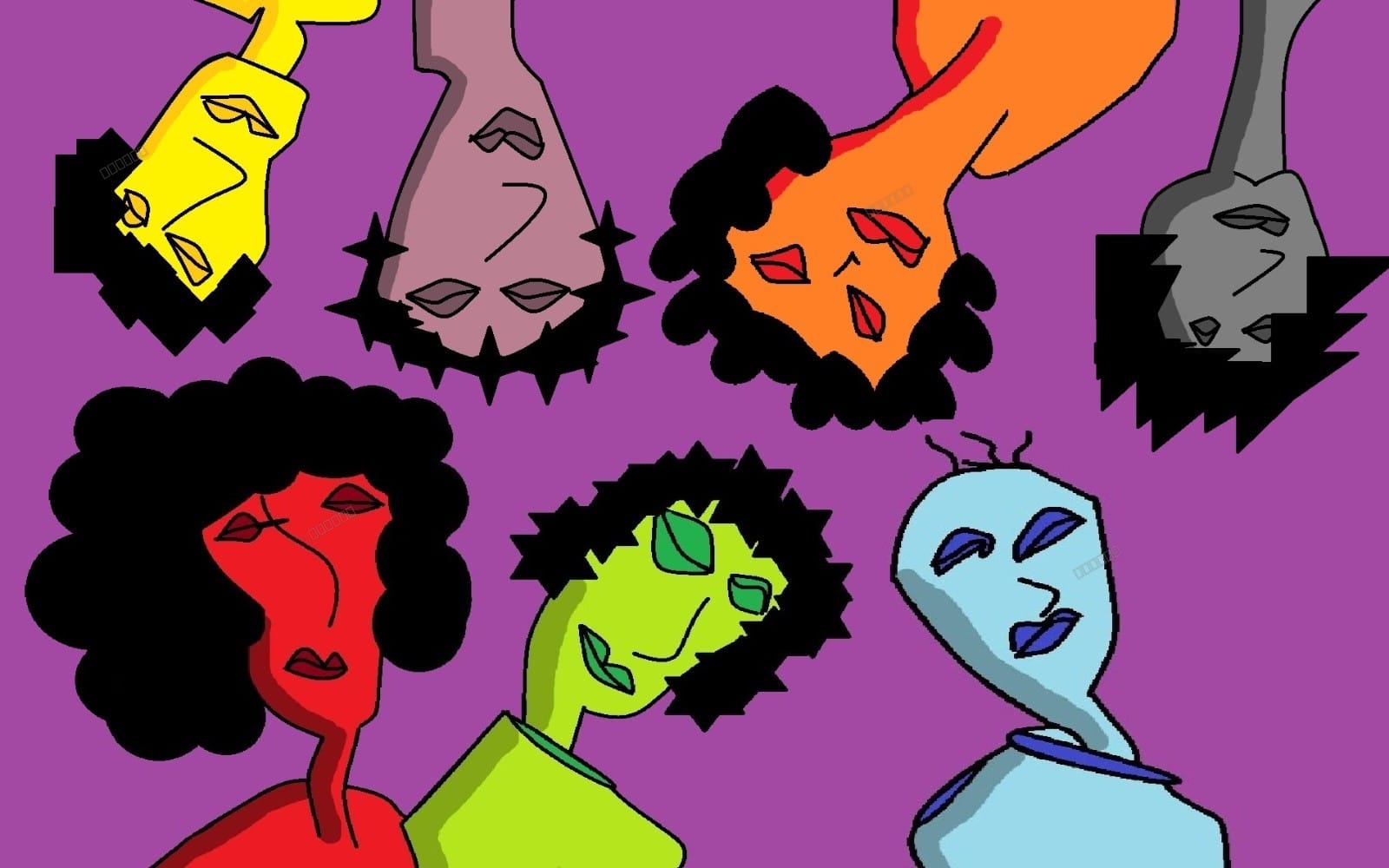 Colorful cartoon heads with expressions surrounding abstract emotions crowd illustration