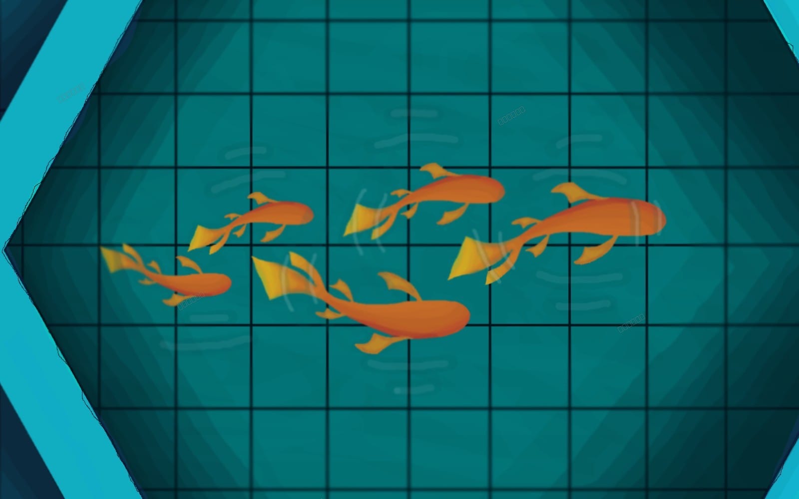Blue pond game art with orange koi fish swimming behind a grid overlay