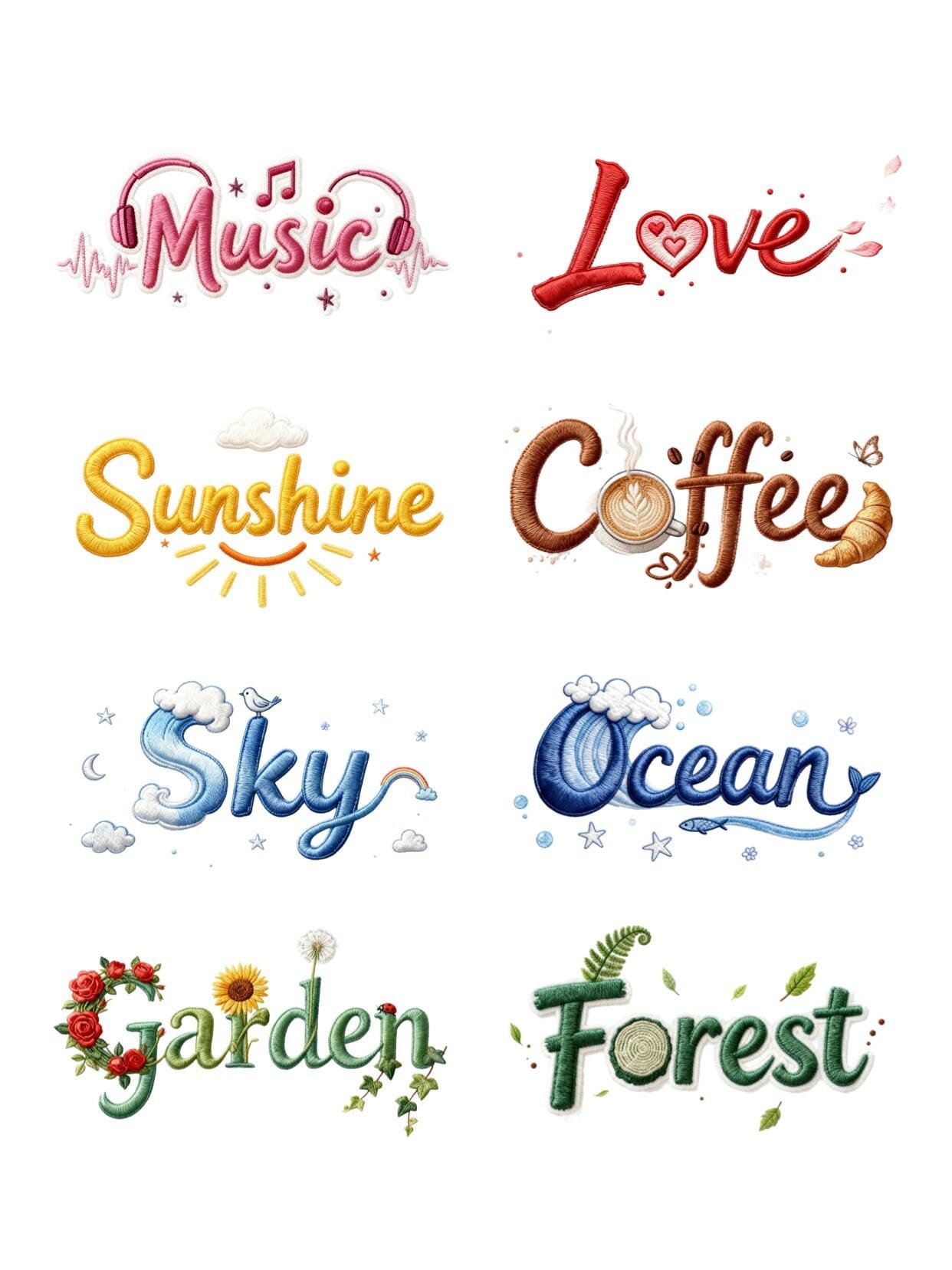 Preview image of 3D Realistische Stickerei Text PNG Clipart Bundle | Ästhetische Typografie-Designs für POD T‑Shirt Becher DIY-Handwerk