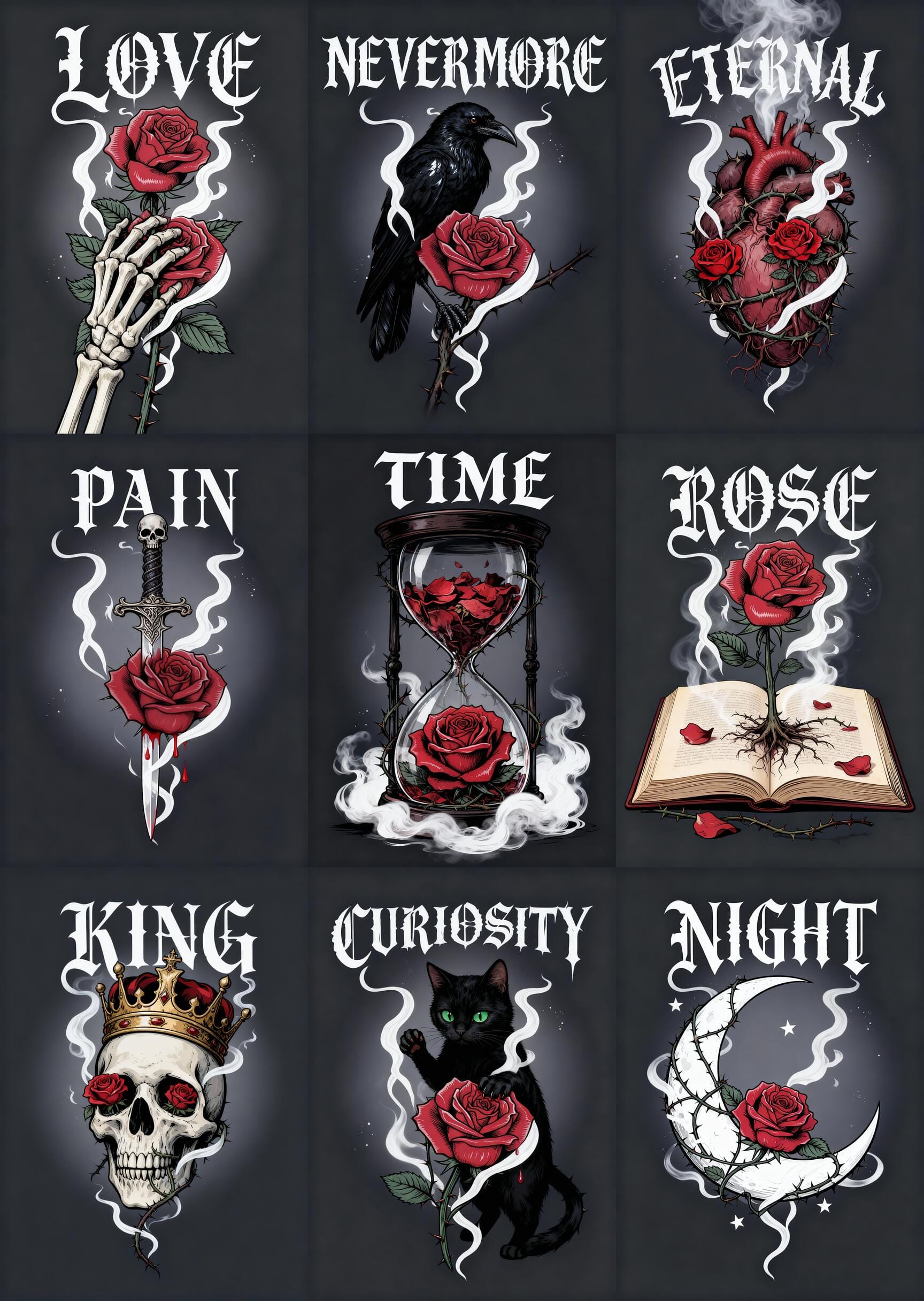Preview image of Dark Gothic Rose Typography PNG Clipart Bundle | Skull Raven Crescent Moon Designs for POD T-Shirt Hoodie Sublimation`
