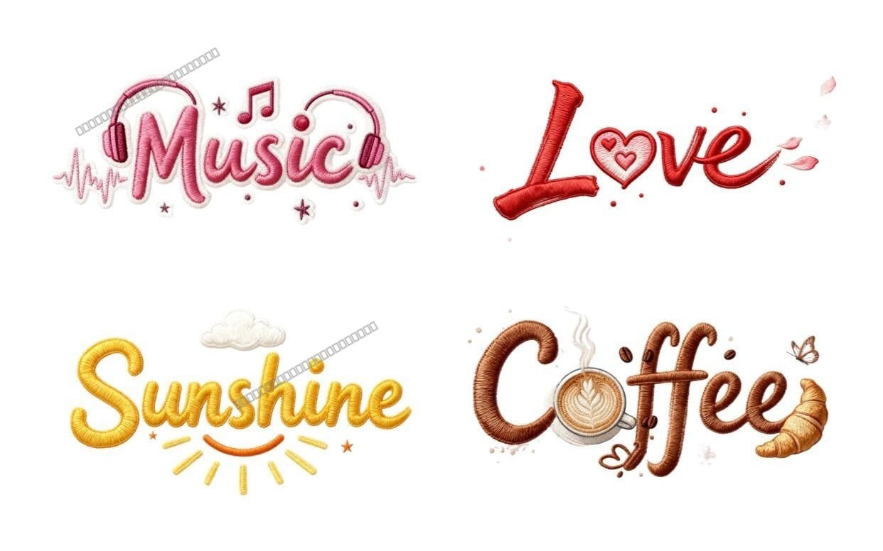 3D Realistic Embroidery Text PNG Clipart Bundle | Aesthetic Typography Designs for POD T-Shirt Mug DIY Crafts