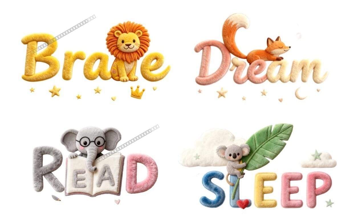 3D Cute Plush Animal Text PNG Clipart Bundle | Nursery Kids Typography Designs for POD T-Shirt Mug DIY