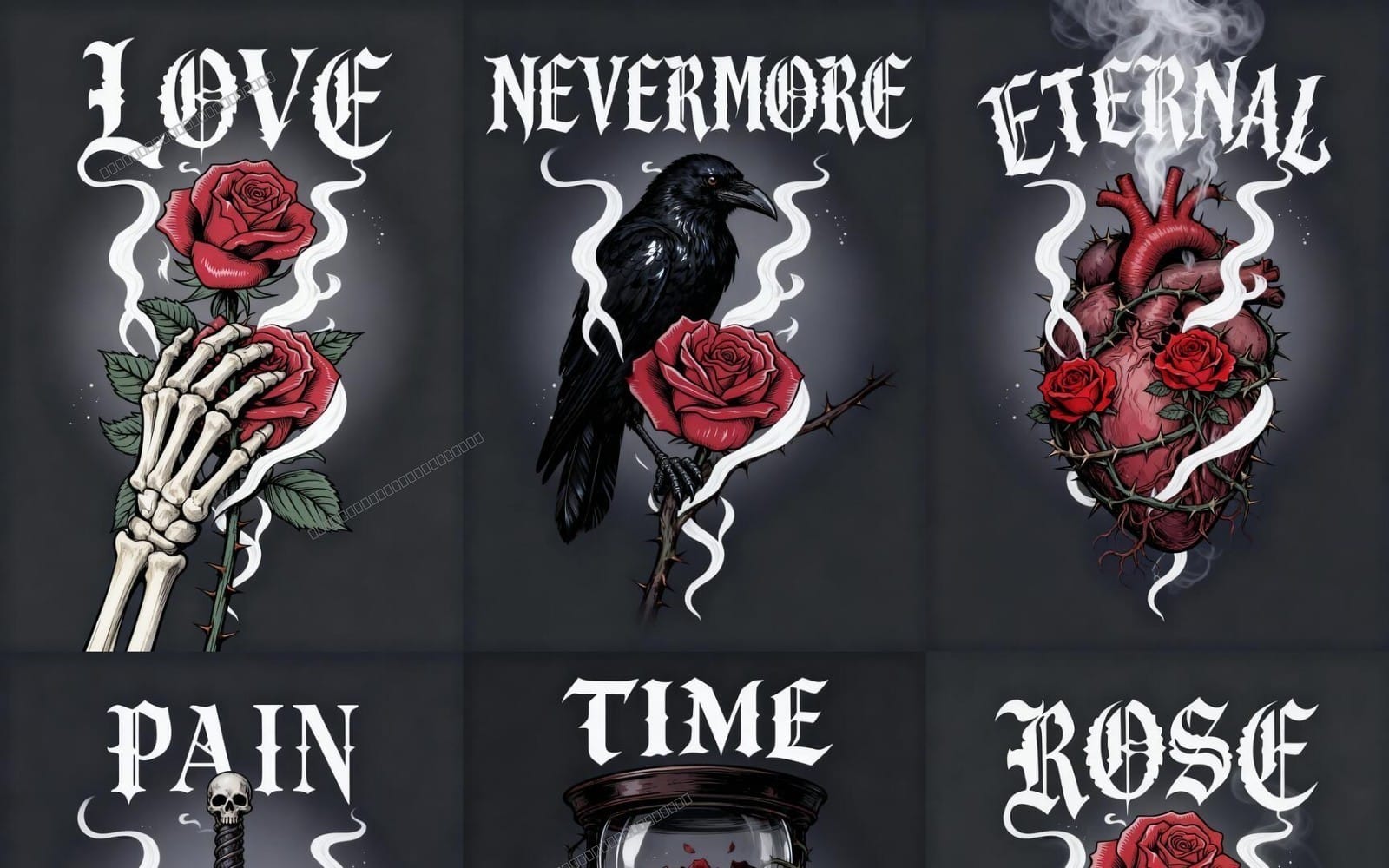 Dark Gothic Rose Typography PNG Clipart Bundle | Skull Raven Crescent Moon Designs for POD T-Shirt Hoodie Sublimation`