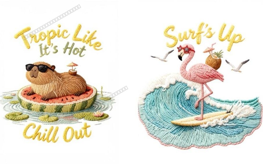 3D Realistic Tropical Summer Embroidery PNG Bundle | Cute Beach Animal Clipart for POD T-Shirt Mug DIY