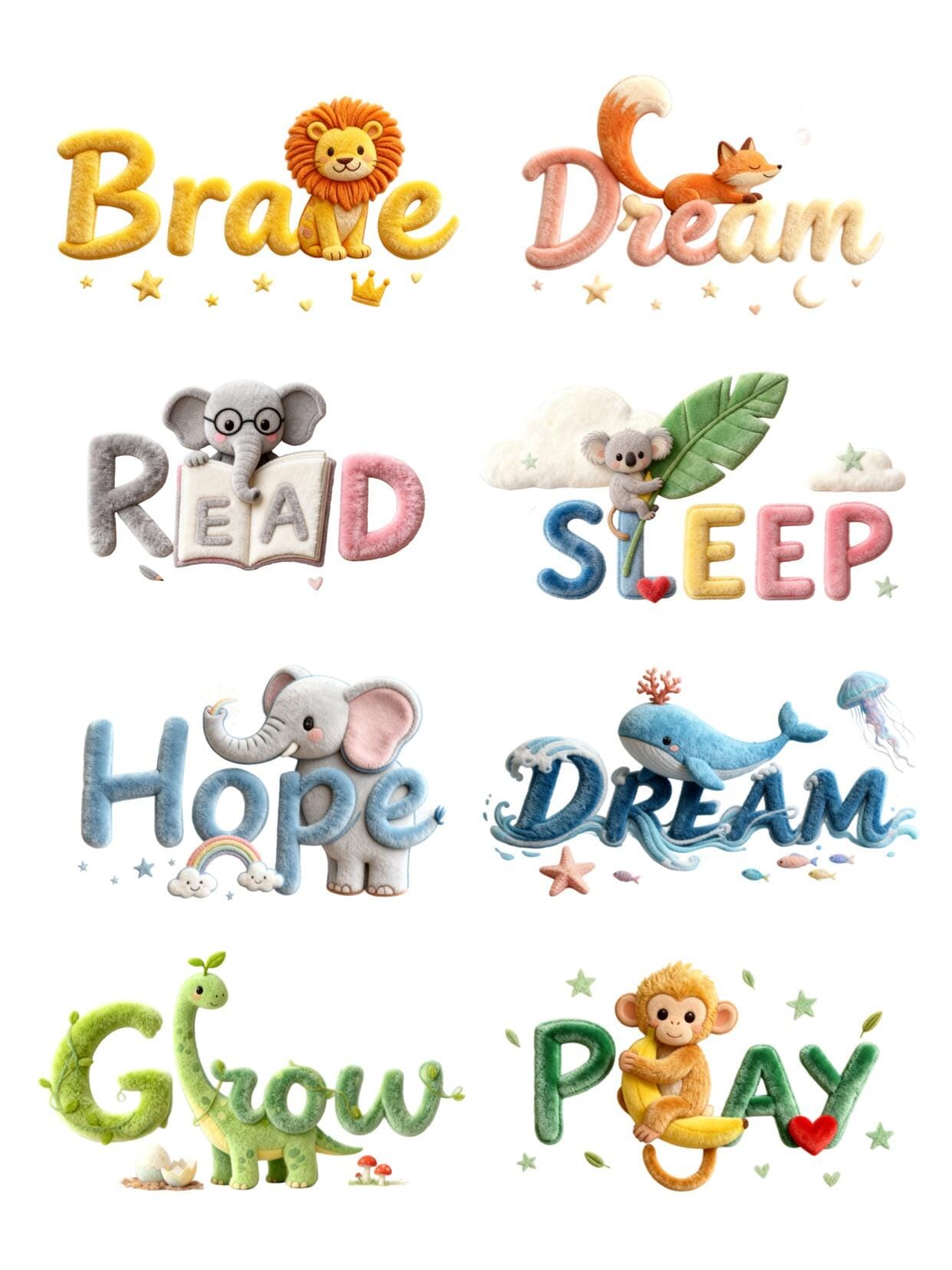 Preview image of 3D Niedliches Plüsch-Tier Text PNG Clipart Bundle | Kinderzimmer Typografie-Designs für POD T-Shirt Becher DIY