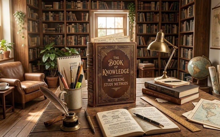 Open study notes guide on mastering study methods with desk items in a cozy library setting