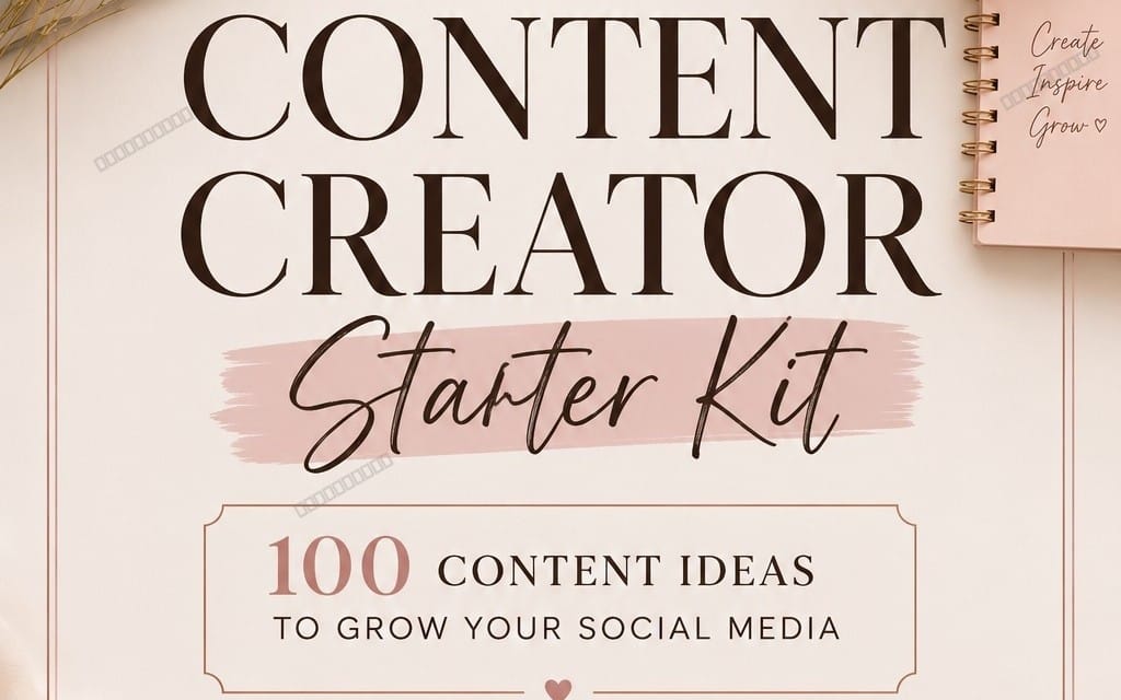 Content Creator Starter Kit banner with text content creator, 100 content ideas to grow social media, planner cover