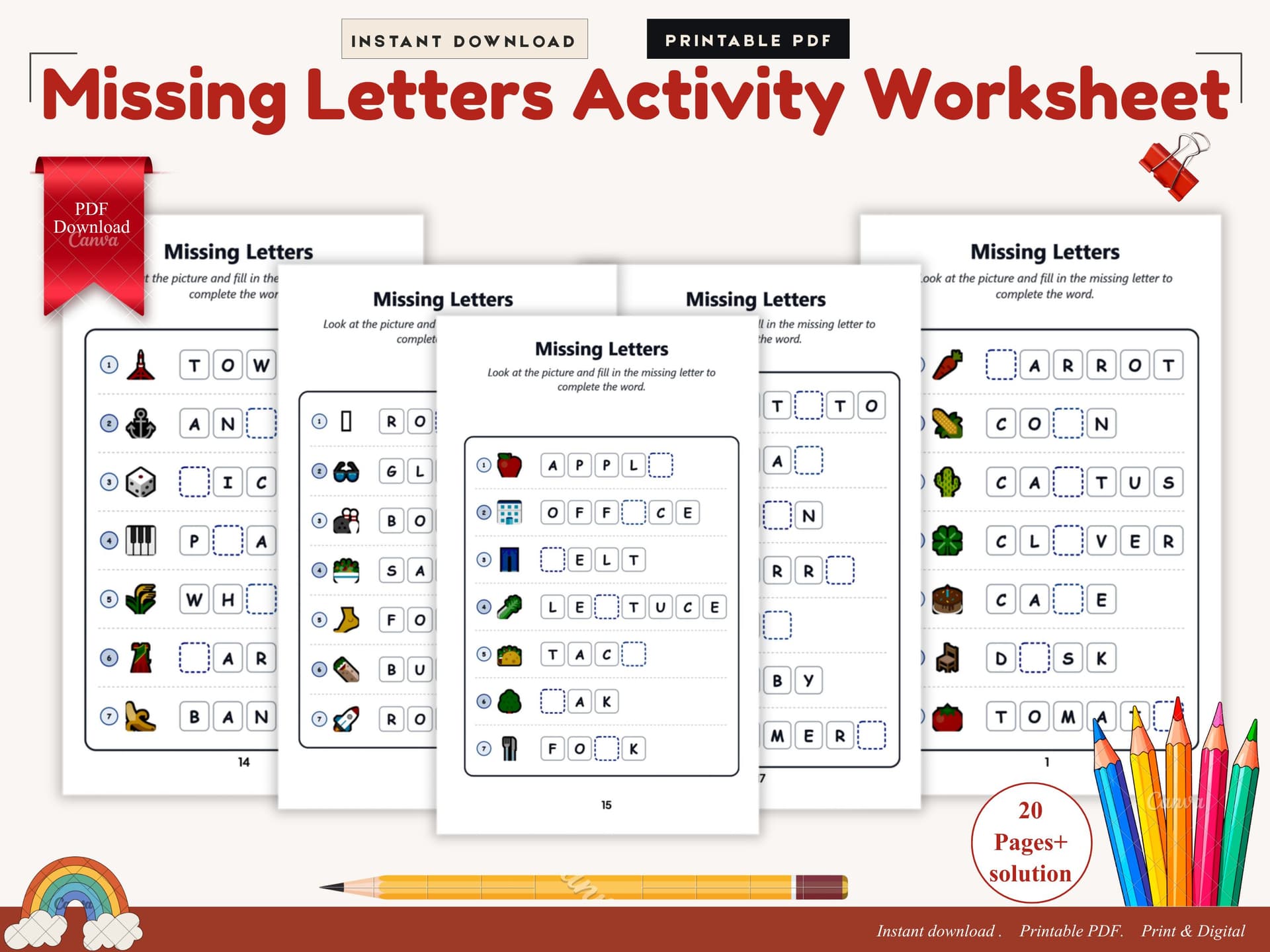 Preview image of Missing Letters Activity Pages for Kids Fill in the Blanks Worksheets