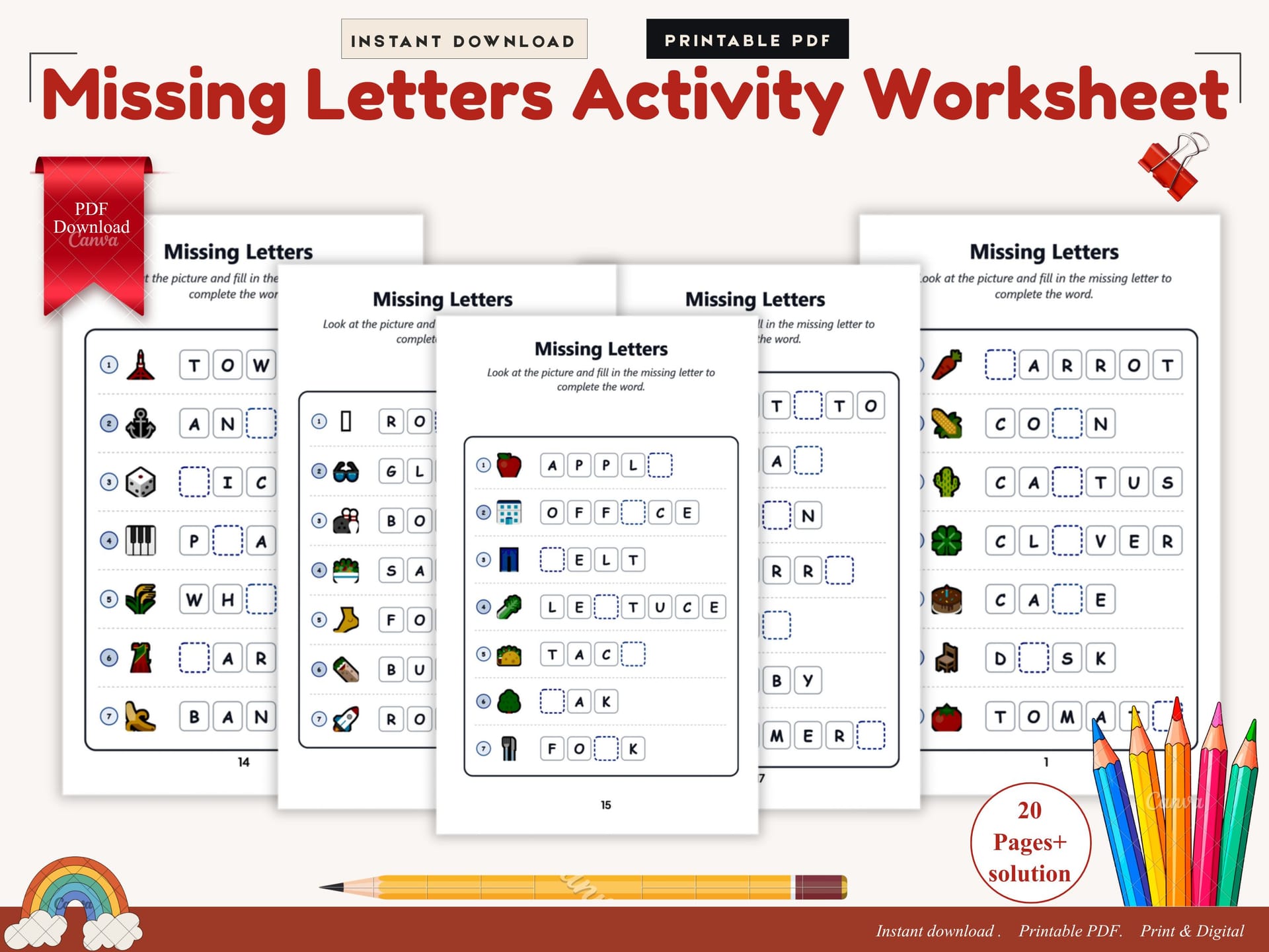 Превью-изображение Missing Letters Activity Pages for Kids Fill in the Blanks Worksheets