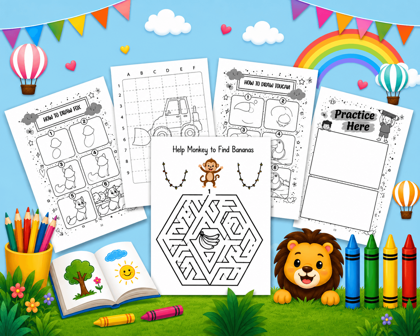Preview image of So zeichne niedliche Tiere für Kinder, 50 Zeichenblätter zum Ausmalen