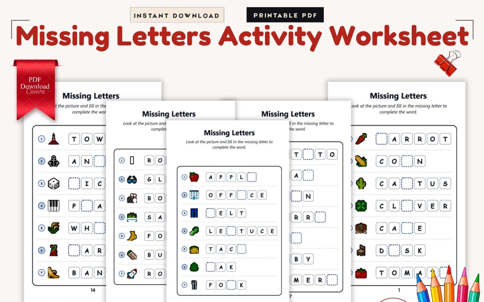 Missing Letters Activity Pages for Kids Fill in the Blanks Worksheets