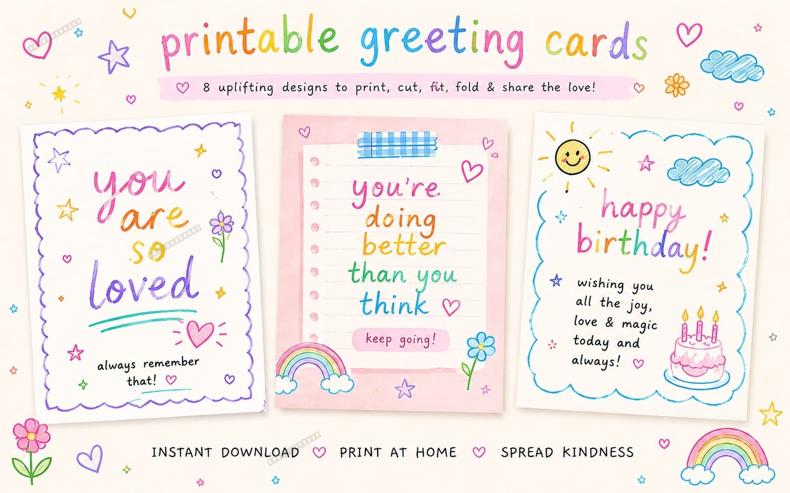Printable Greeting Cards Bundle - 8 Colorful Cards for Every Occasion