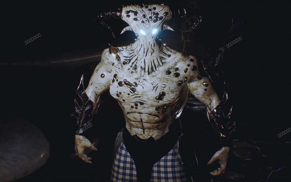 Grotesque monster humanoid with pale, scarred skin, glowing eyes, and metal tentacles in a dark sci-fi style character