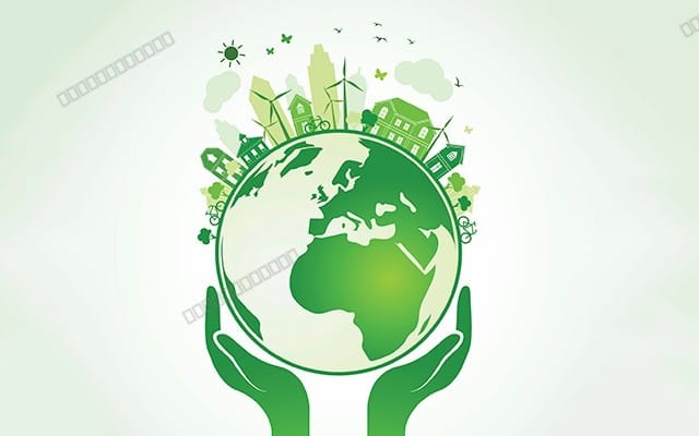 Green globe with hand and eco city icons, wastewater EIA bundle about septic tank vs Imhoff tank