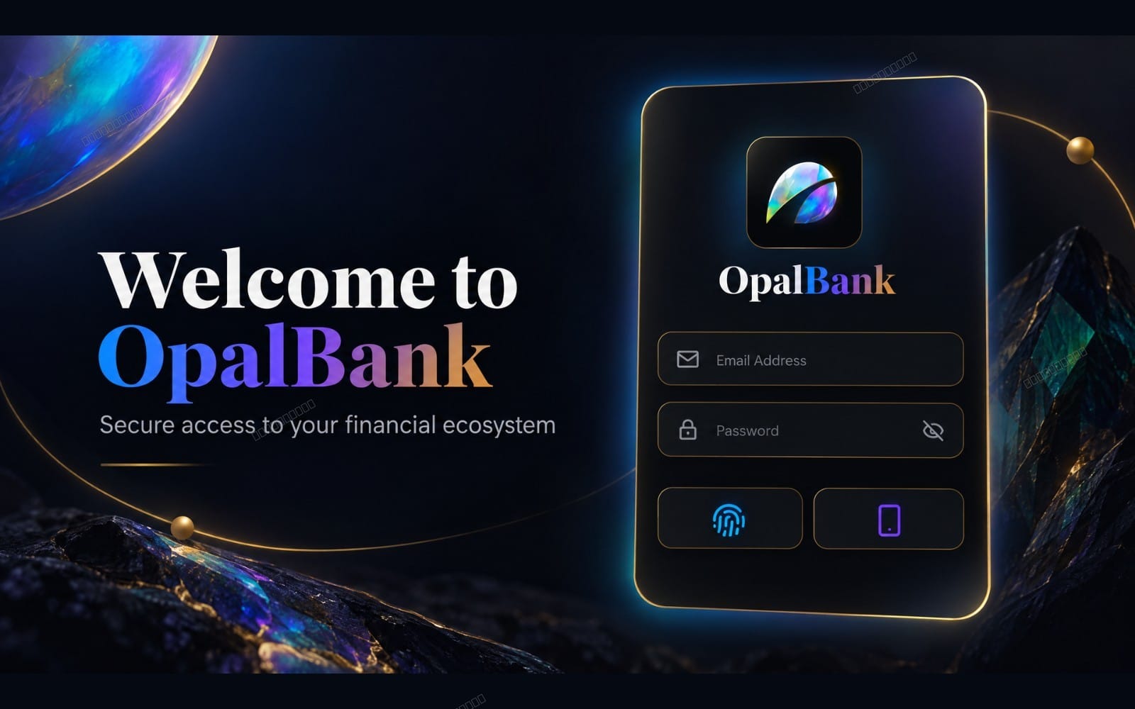 OpalBank login screen UI mockup with email and password fields on dark blue opal-themed background