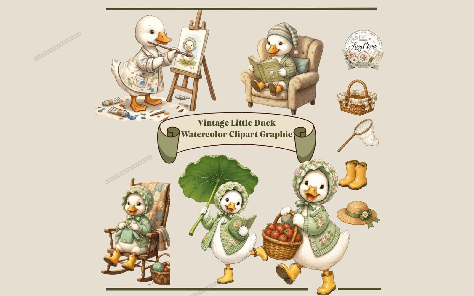 Vintage Little Duck Watercolor Clipart Set – 30 High-Quality PNG Elements