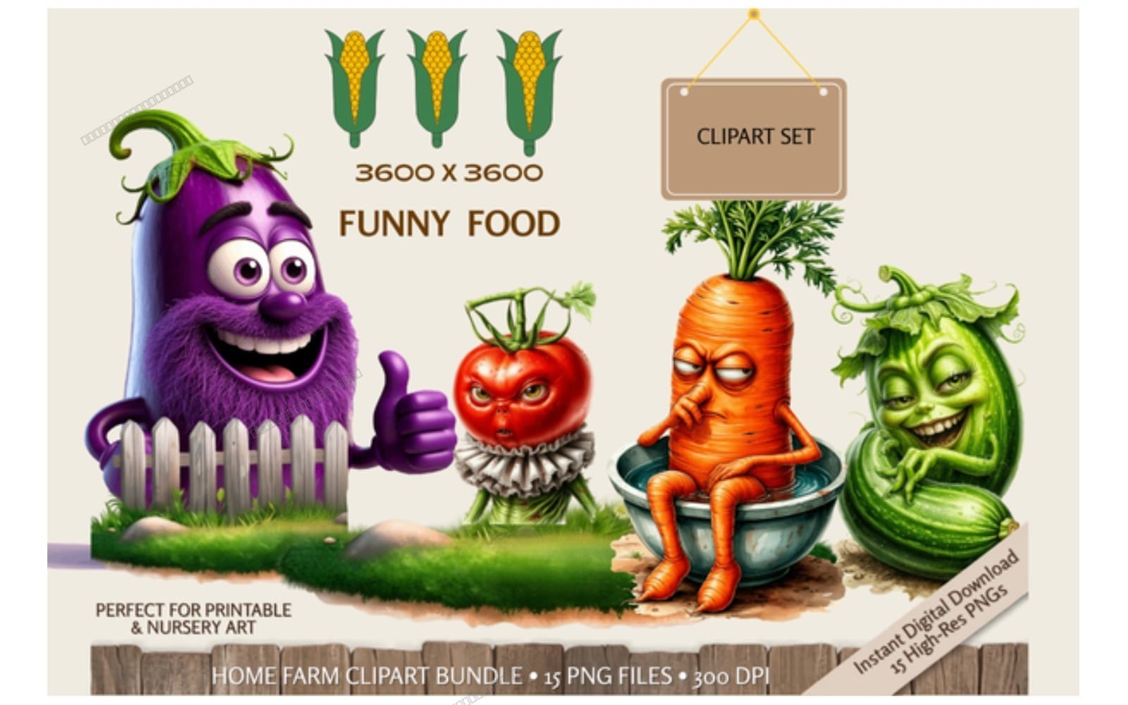 Funny Food Characters Clipart Set