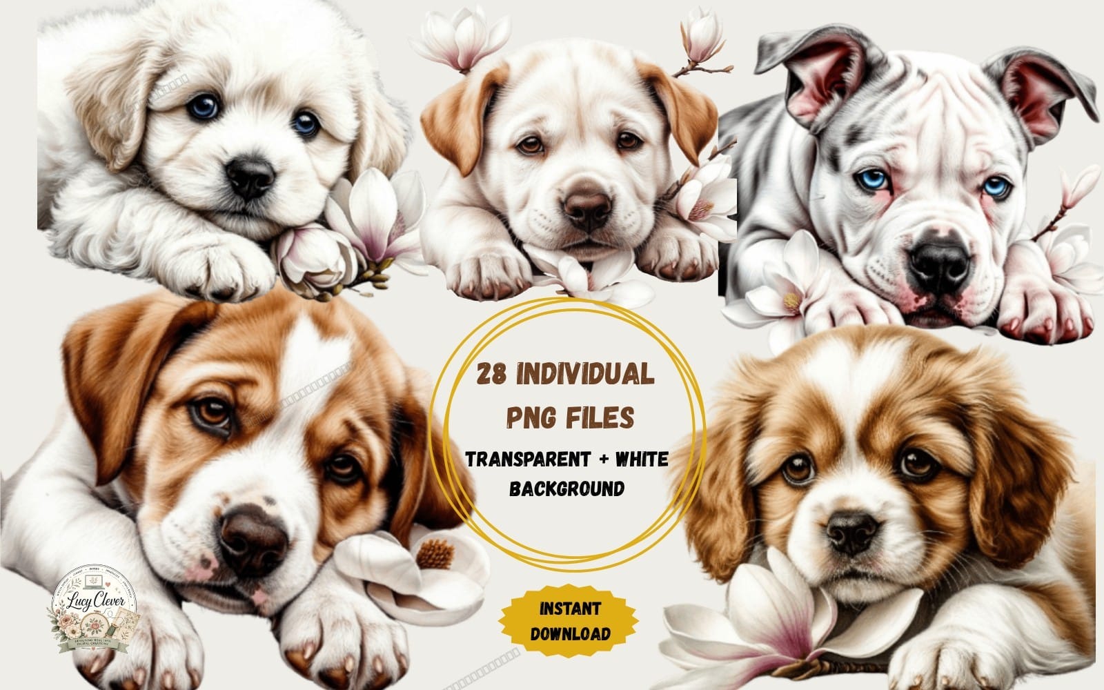 Cute Puppies with Magnolia Flowers Clipart Set – 28 High-Resolution PNGs with Transparent & White Backgrounds