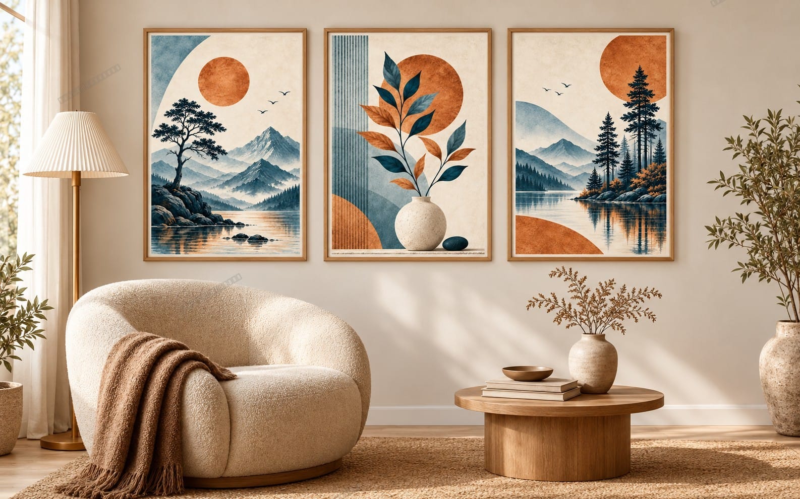 Set of three framed teal and copper wall art prints featuring mountain, botanical, and lake scenes above a sofa