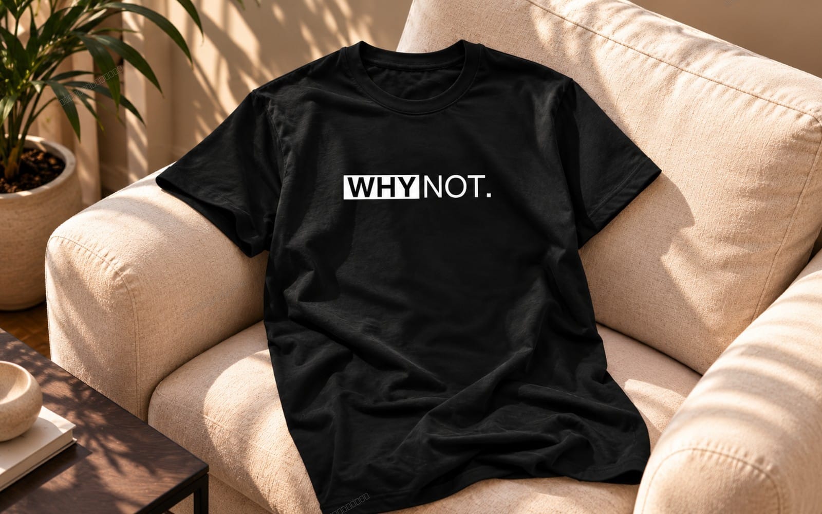 Black t-shirt mockup with minimalist typography design reading WHY NOT, PNG and PDF printable graphics