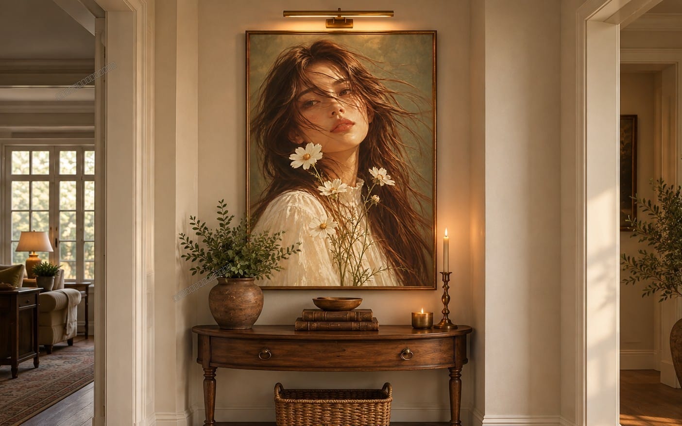 Warm vintage printable wall art featuring a woman with daisies in a framed portrait above a console table