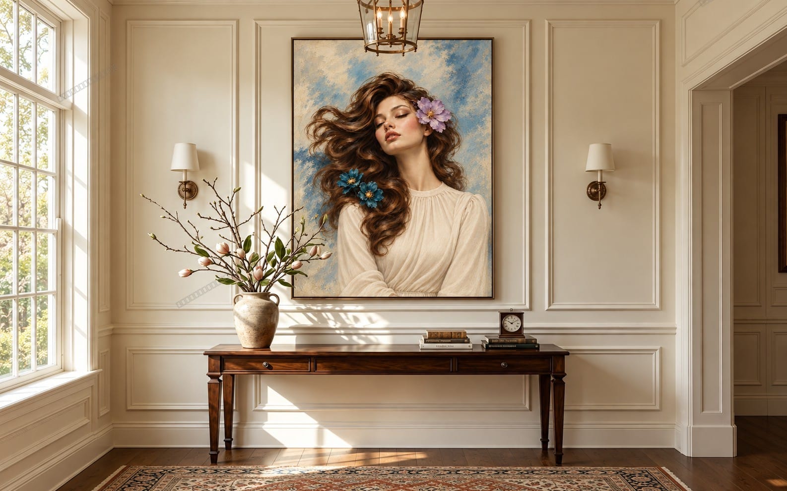 Floral woman portrait printable wall art with teal and lilac flowers, framed above a console in a living room