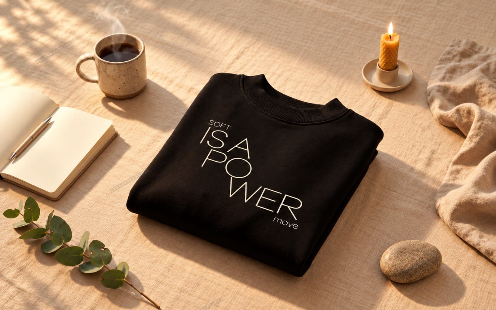 Minimalist typography shirt design reading Soft Is a Power Move on folded black sweatshirt on a styled table with
