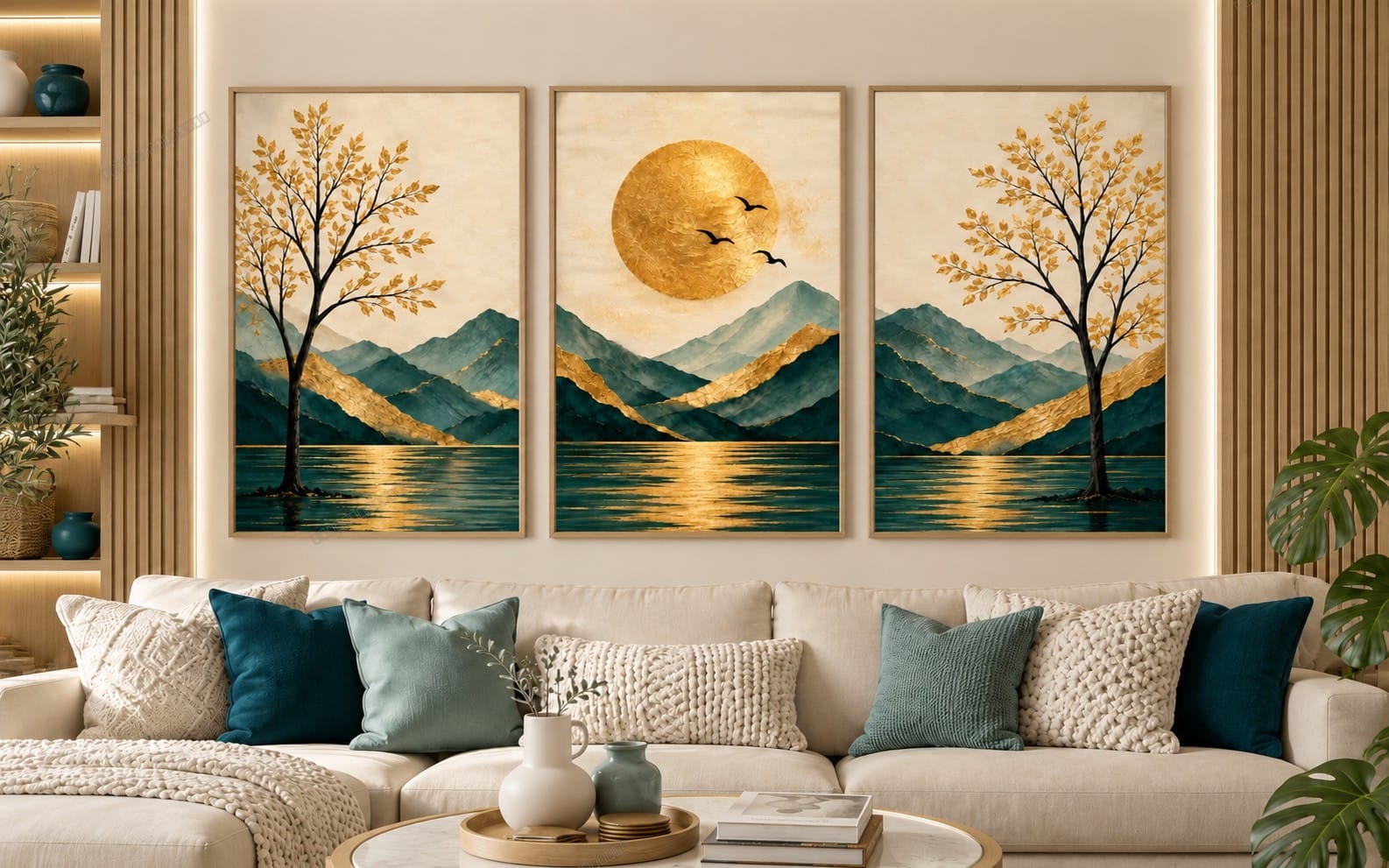 Set of 3 printable wall art designs with golden tree and mountain landscape scenes on a living room wall