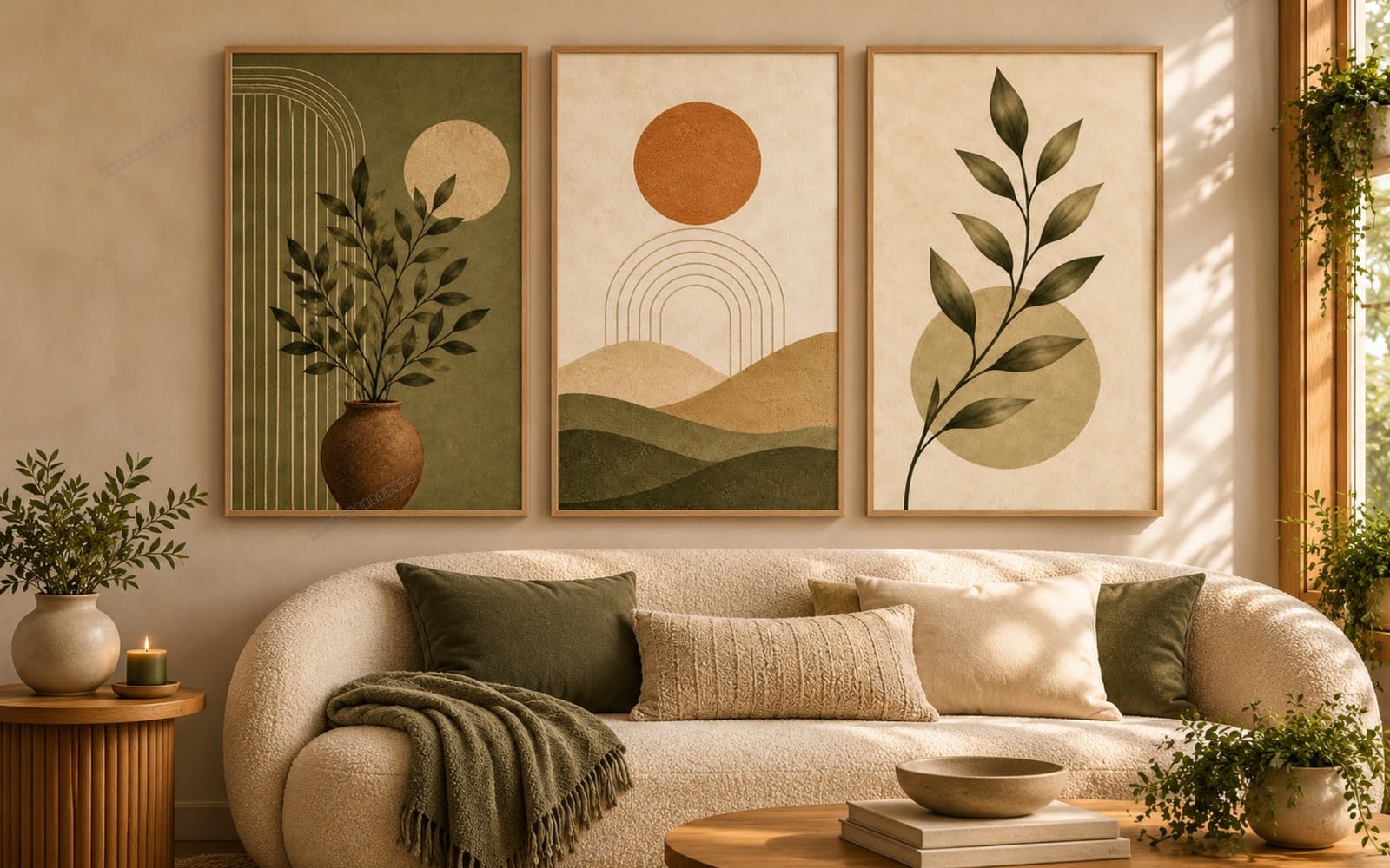 Set of three Japandi printable wall art frames on a living room wall with olive-toned botanical and abstract designs