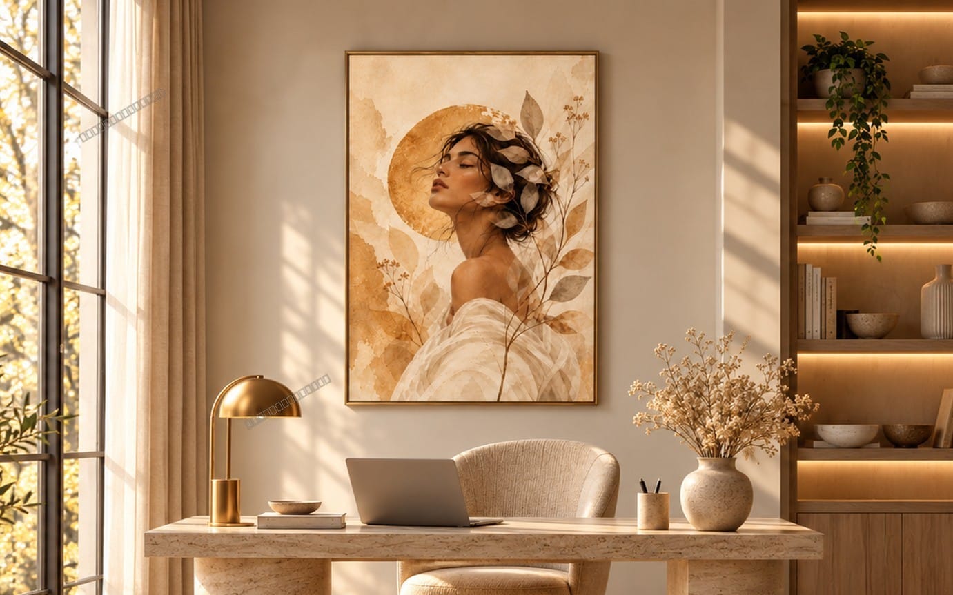 Framed botanical portrait of a woman with golden floral elements, styled wall art printable for home decor
