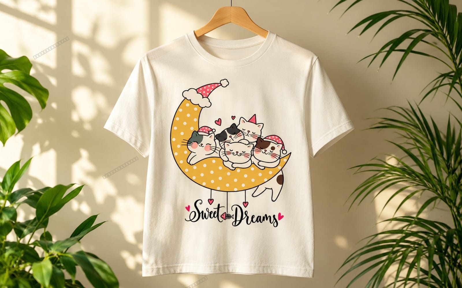 Cute cat t-shirt graphic with kittens sleeping on a yellow moon and Sweet Dreams text, PNG and PDF design files